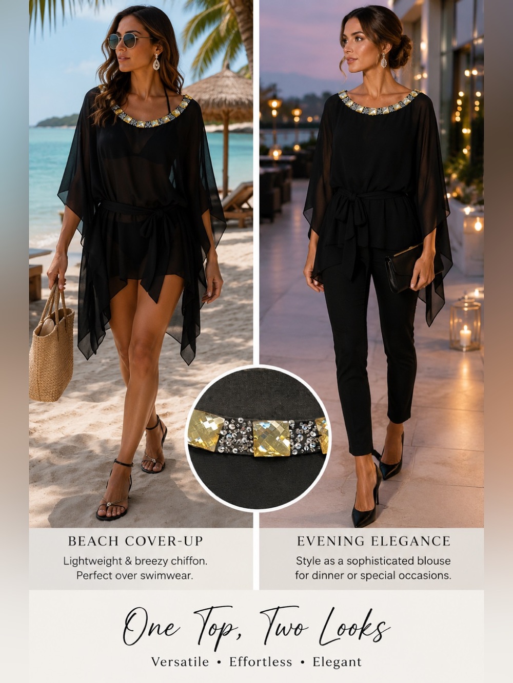 THEIA Black chiffon gem jewelled embellished blouse beach cover-up Sz L